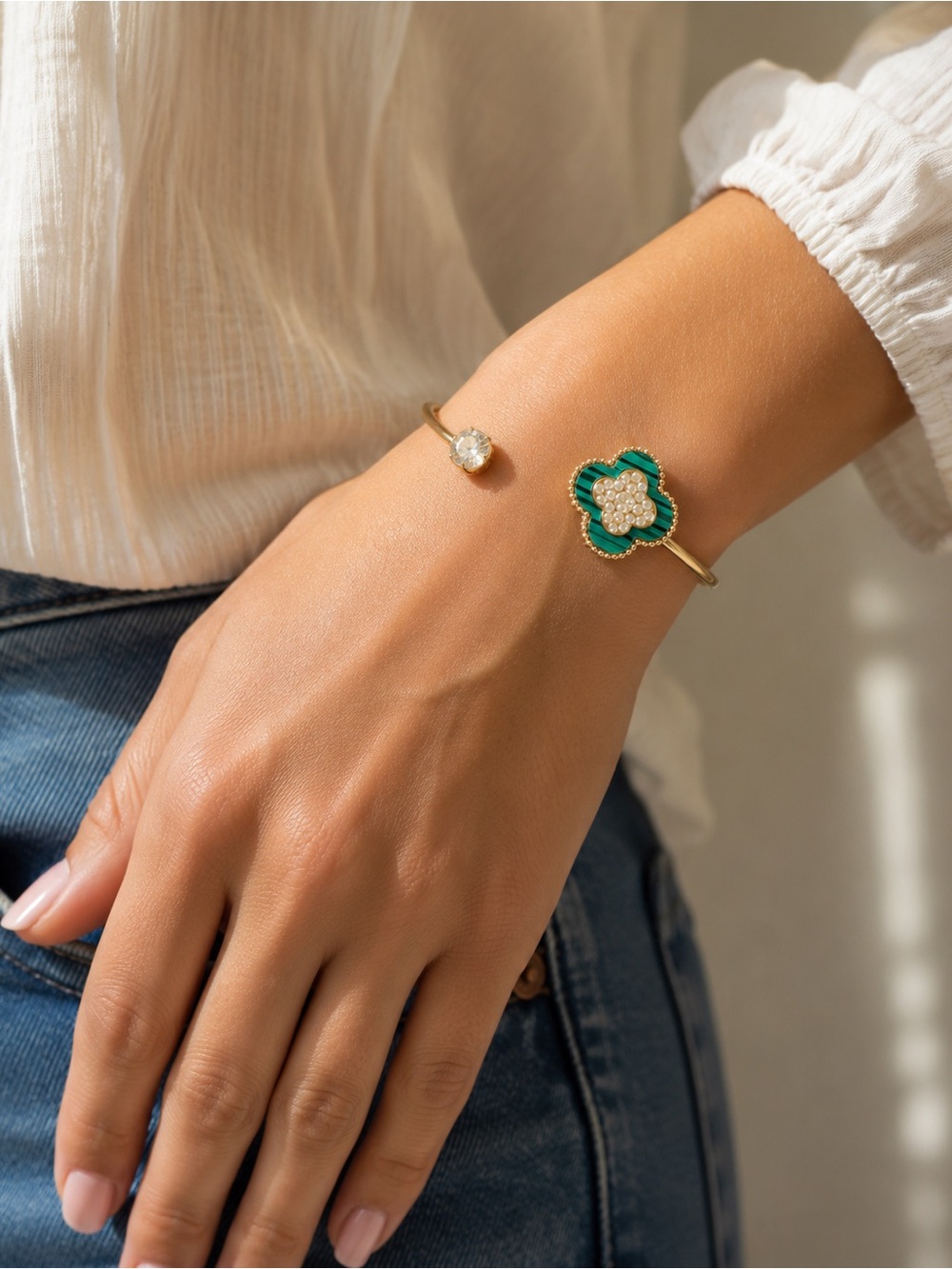 Gold-Tone Green Clover Diamond Accent Bracelet